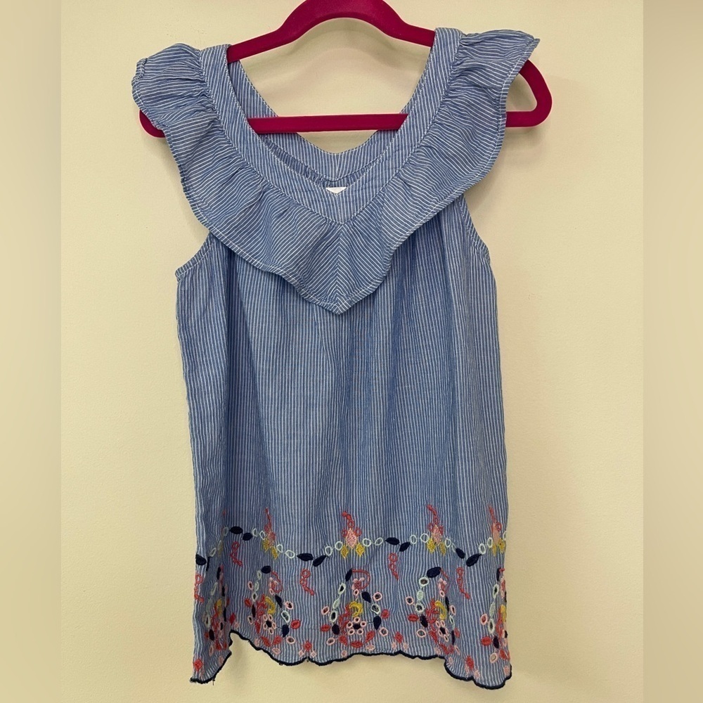 Gap Kids: Girls' Embroidered Blue / White V- Neck Ruffled Tank Top, Size XL